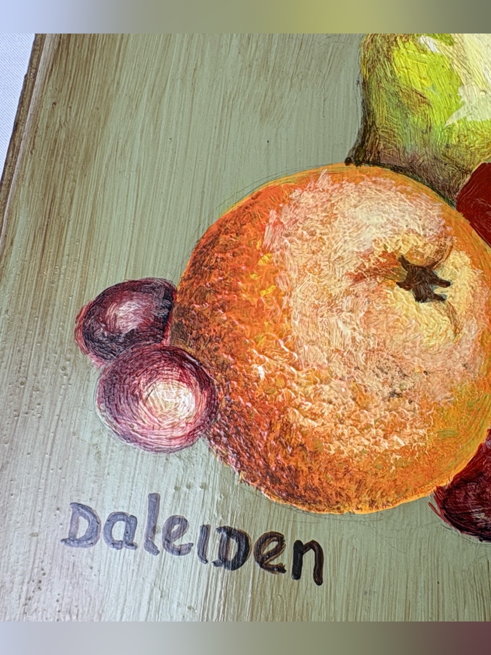 Vintage MCM Fruit Still Life Signed Wood Plaque Art 7.25" - Picture 6 of 11
